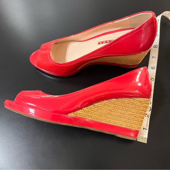 Prada Red Wedges Size 38 Red Patent Leather Peep Toe Espadrilles Made In Italy - Picture 7 of 14